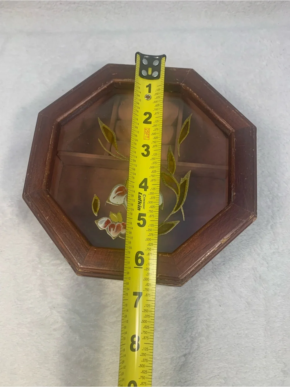 Cottagecore Grandma Octagonal Brown Floral Glass Jewelry Box - Velvet Inside